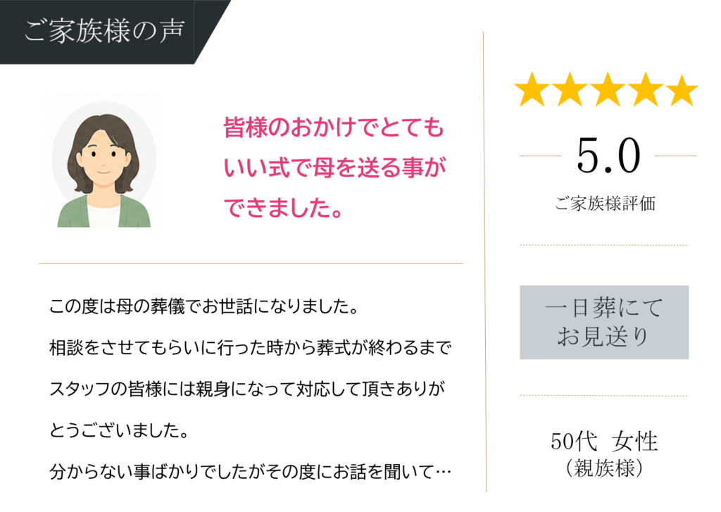 堺市立斎場第一式場で一日葬を行ったご家族から寄せられた、式の進行や対応に関する感想を紹介する画像です。