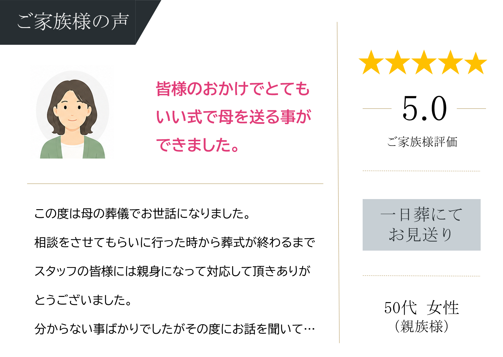 堺市立斎場第一式場で一日葬を行ったご家族から寄せられた、式の進行や対応に関する感想を紹介する画像です。