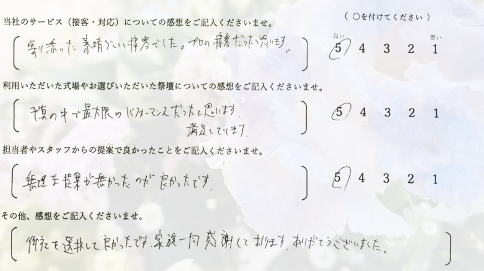 堺市立斎場第一式場で一日葬を行ったご家族から寄せられた、式の進行や対応に関する感想を紹介する画像です。