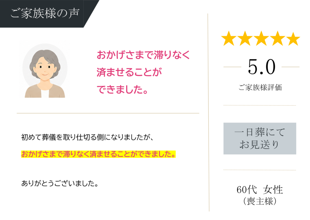 堺市立斎場第二式場で一日葬を行ったご家族から寄せられた、式の進行や対応に関する感想を紹介する画像です。