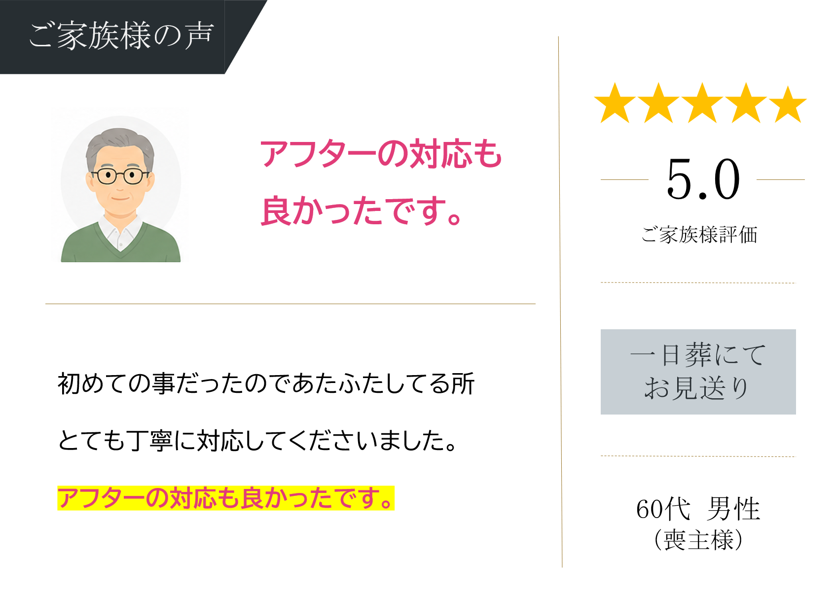 堺市立斎場第一式場で一日葬を行ったご家族から寄せられた、式の進行や対応に関する感想を紹介する画像です。