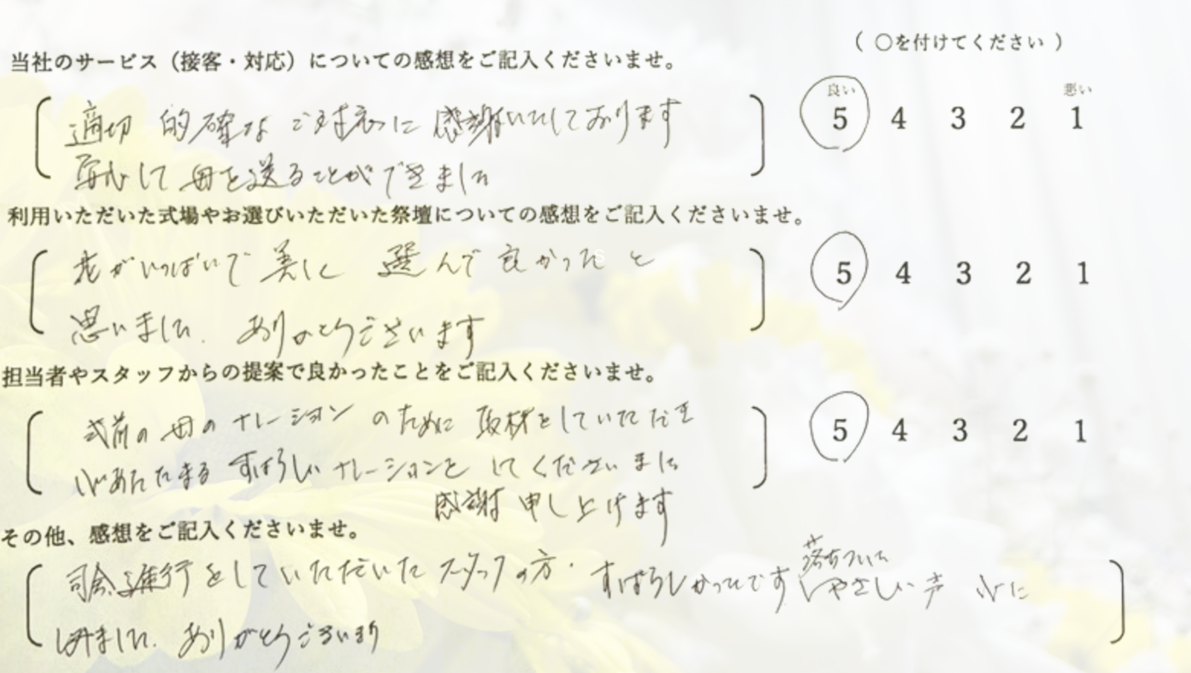 堺市立斎場第三式場で一日葬を行ったご家族から寄せられた、式の進行や対応に関する感想を紹介する画像です。