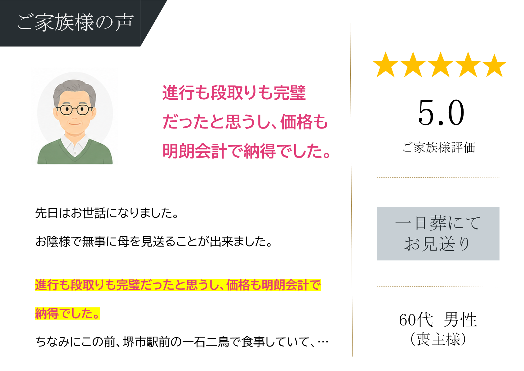 堺市立斎場第二式場で一日葬を行ったご家族から寄せられた、式の進行や対応に関する感想を紹介する画像です。